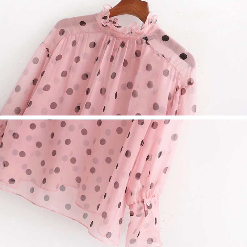 

Polka dot Print Women blouse Pink Loose Long sleeve Sexy Semi-sheer Female shirt High collar with bow Tops Fashion INKEO 9T011