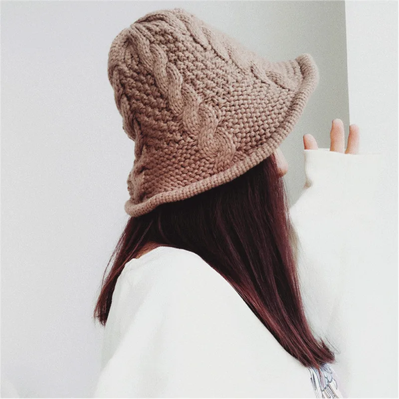 Осенне-зимние модные повседневные женские вязаные шапки-ведерки однотонные
