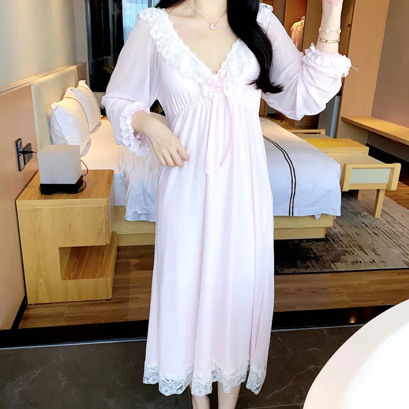 

Spring Summer Long Sleeve Lace V Neck Cotton Nightdress Women's Casual Loose Ladies Nightgown Homewear Sexy Nightwear Sleepwear