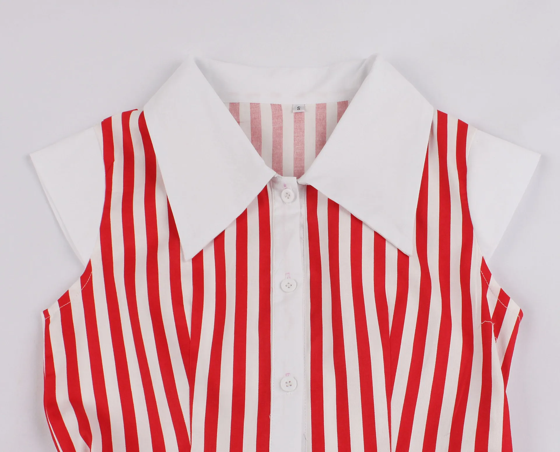 2020 Полосатое летнее женское платье с отложным воротником Красного размера плюс