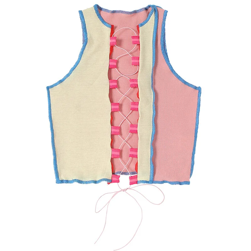 

Cheap Vogue Knitting Hollow Out Camisole Leisure Woman Sleeveless Street Wear Sexy Activity Party Club Lace Up Female Tank Tops