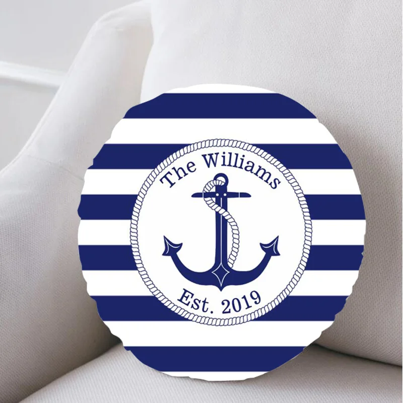 

Chic Nautical Anchor Navy Blue Stripes Personalized Round Pillow Case Cushion Covers for Car Sofa Chair Velvet Wheel Rope Decor