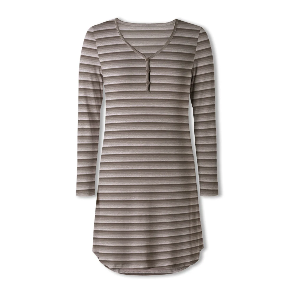 

Neatie Kiddie Khaki Stripe Women Night Sleepwear Dress Casual Long Sleeve V-neck Short Nightgowns Female Loose Home Dress Clothe