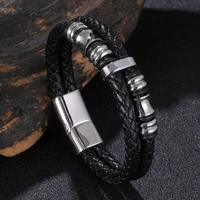 punk men jewelry stainless steel magnetic metal clasp two layers genuine leather bracelet black with charms bb1165