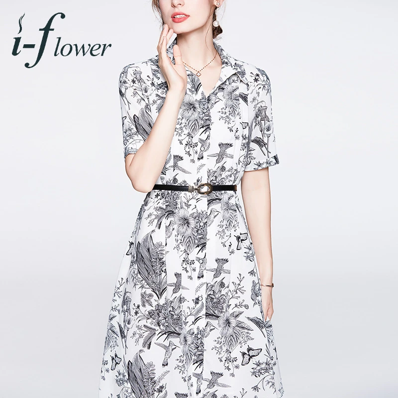 

French LadyStyle 100% Mulberry Silk Summer Dress Women 2022 Lace Up Floral Printing Turn Down Collar Midi Dresses Retro Robe