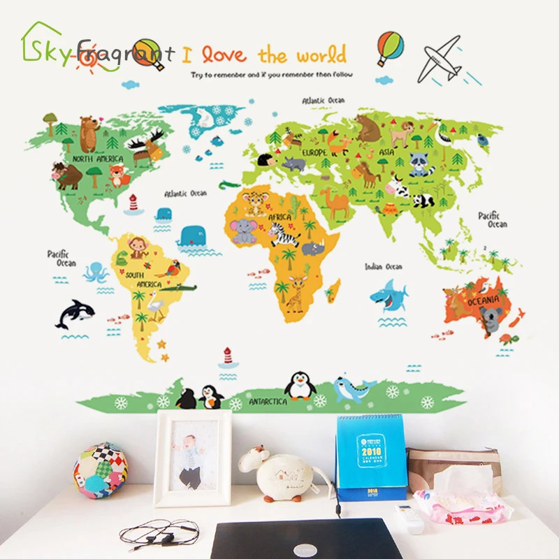 Creative Cartoon World Map Wall Sticker Kids Room Decoration Baby Bedroom Decor Self-adhesive Stickers Study Decor Home Decor