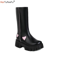chunky boots for women platform goth midi calf combat black booties pink heart shaped shoes girl cosplay punk motorcycle booties