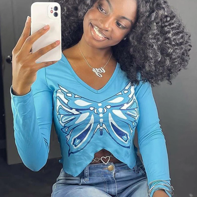 

Женская хлопковая футболка с длинным рукавом, с принтом бабочки