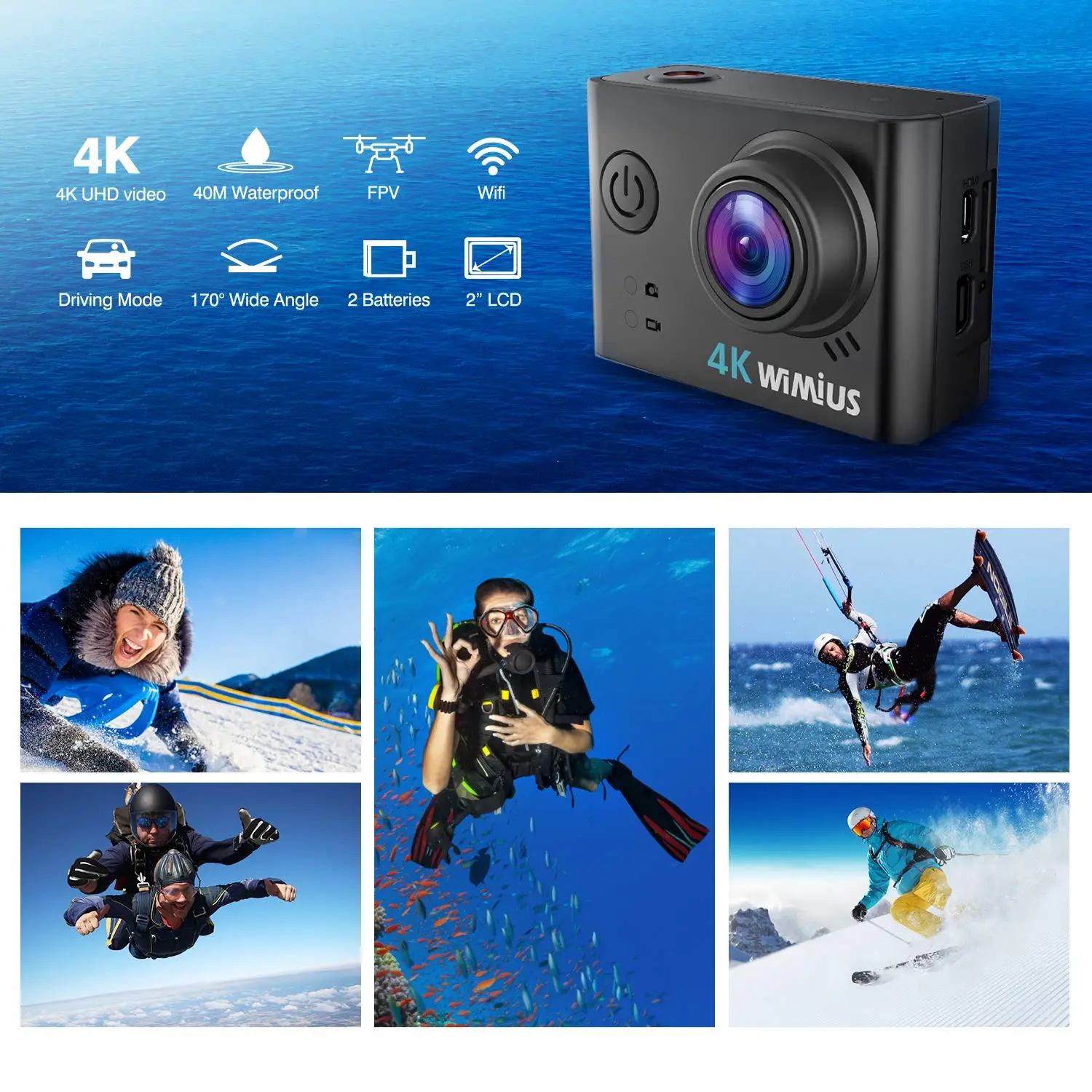 Wimius L2 Высококачественная Спортивная экшн-видеокамера s 4K WiFi Спортивная Экшн-камера HD 170 градусов 30 м Водонепроницаемая видеокамера DV