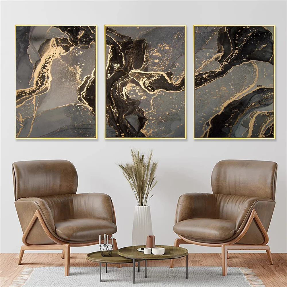 

Modern Luxury Fluid Wall Art Poster Black Gray Gold Marble Wall Art Canvas Painting Abstract Art Print Nordic Picture Home Decor