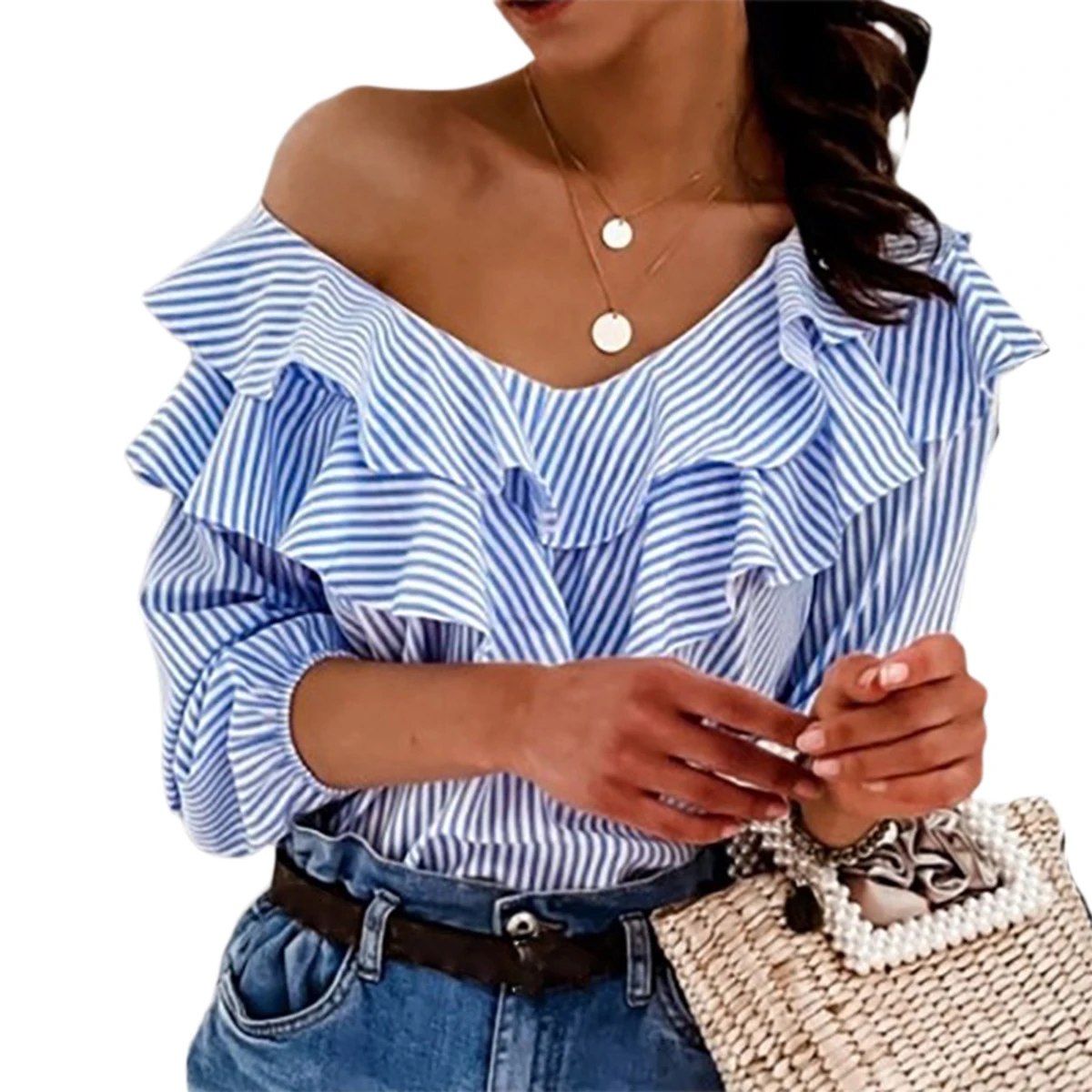 Фото Женская блузка в полоску с коротким рукавом и глубоким V-образным вырезом