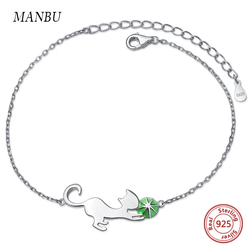 MANBU 925 пробы серебряный милый кот играющий с мячом звено цепи браслеты для женщин