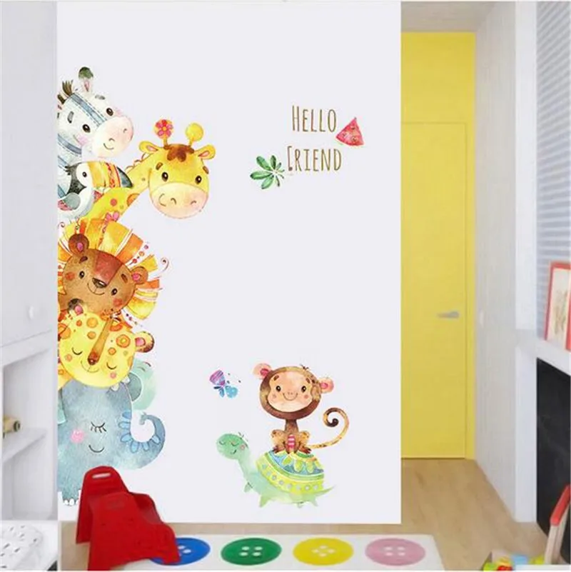 Cartoon Animals Giraffe Lion Monkey Wall Stickers Children Mural Decals for Kids Rooms Baby Bedroom Wardrobe Door Decoration | Дом и сад