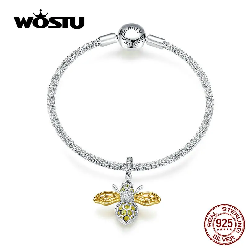 

WOSTU Hot Sale 925 Sterling Silver Golden Bee Charms Bracelet & Bangle For Women Cute Little Bee Beads Jewelry Making CQB830