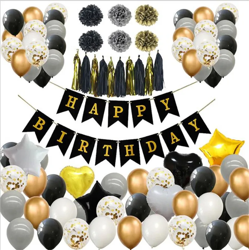 Золотистый и черный шар День рождения украшения из фольги с бахромой для двери