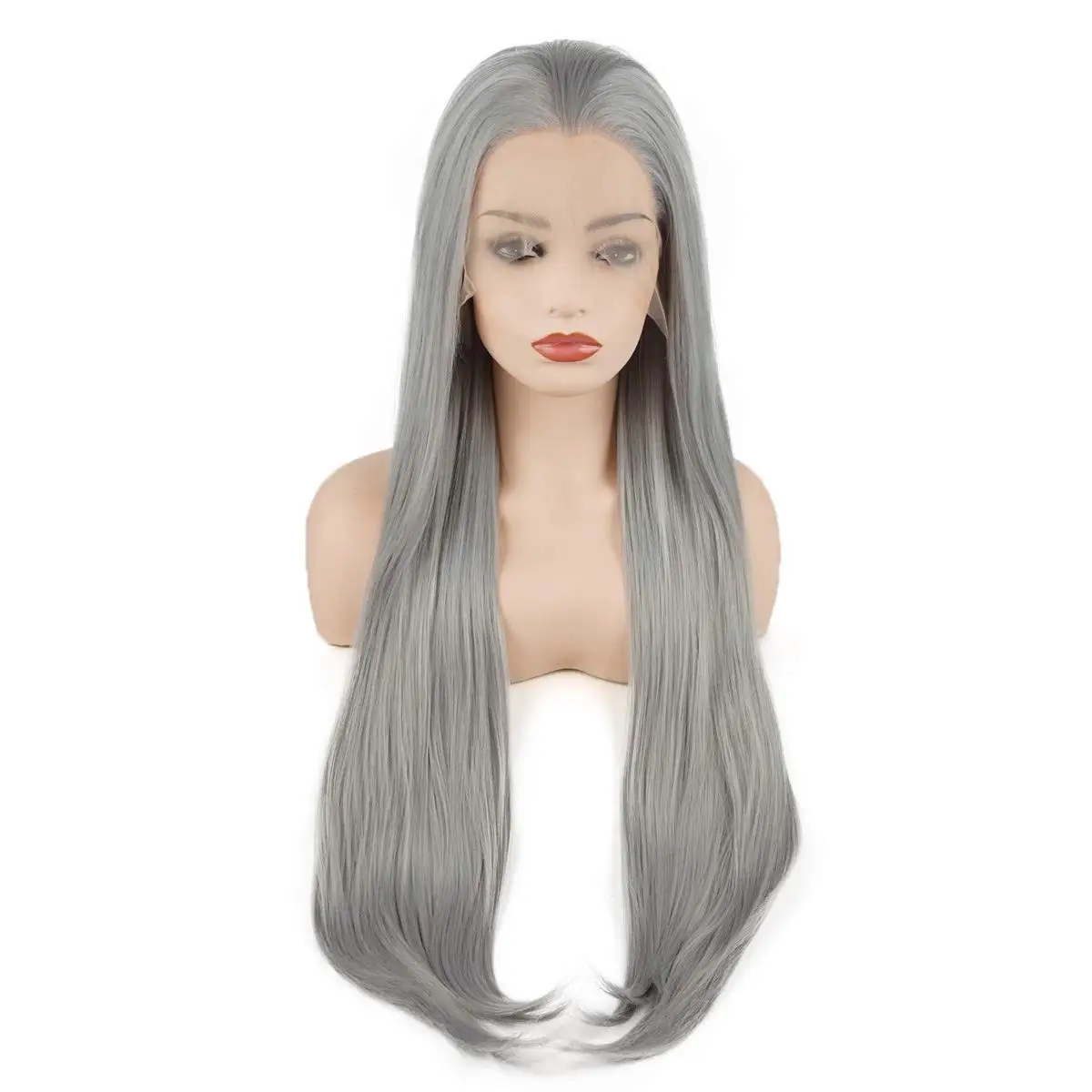 Jeelion Hair Straight Super Long 28inch Grey Heavy Density Half Hand Tied Realistic Synthetic Lace Front Wigs