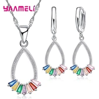 shinning colorful cz crystal 925 sterling silver jewelry set for women wedding necklace pendant zircon loops hoop earrings