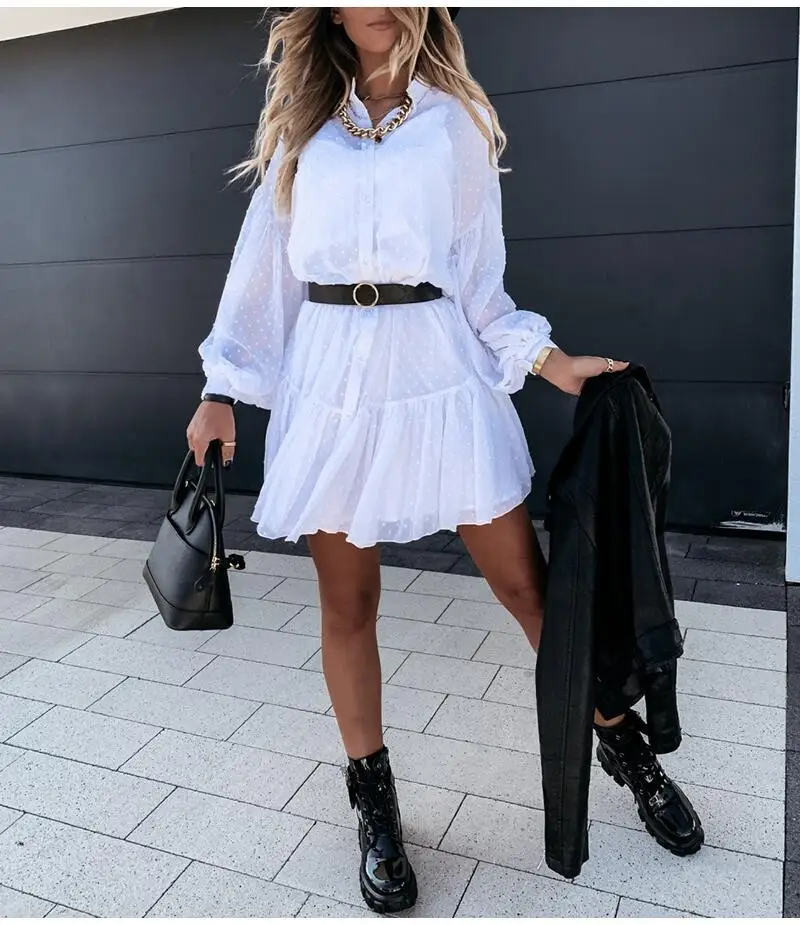 

2021 spring casual temperament women's lace cardigan puff sleeve dress