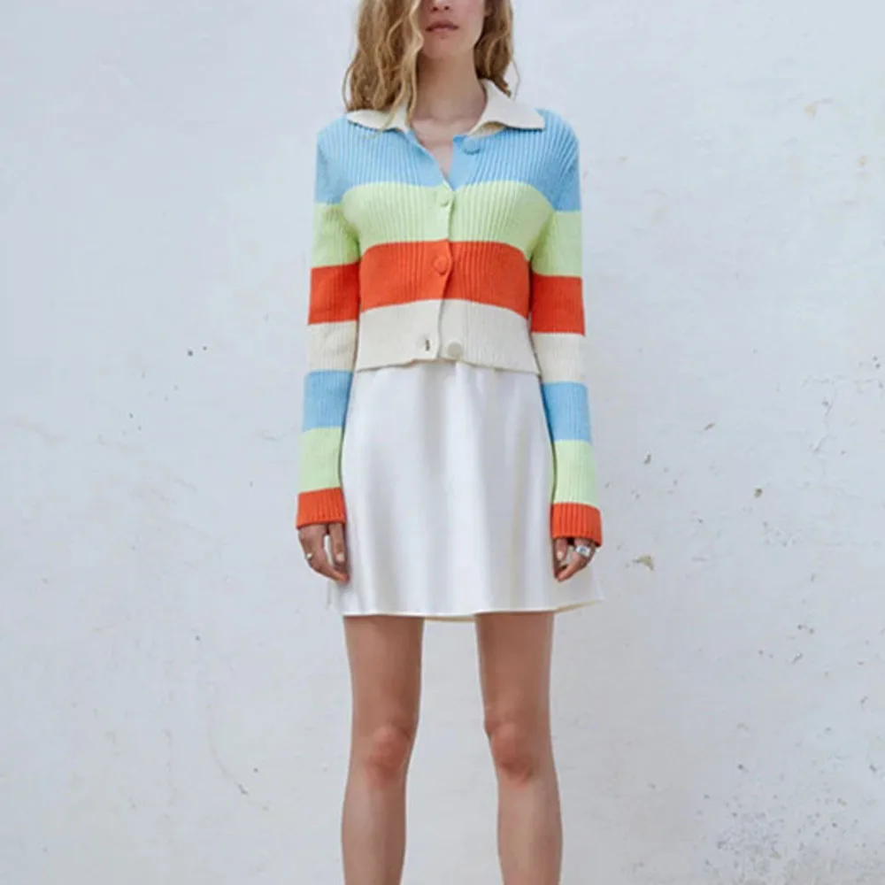 

Женский кардиган с длинным рукавом BM UR HM ZA, трикотажный кардиган в полоску в стиле ретро с воротником-поло, осень 2021