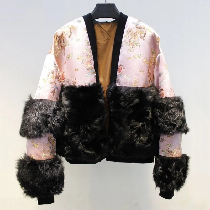 

New Chinese Style Embroidery Printing Natural Sheep Shearing Real Lamb Fur Coats Women 2020 Fashion Autumn Winter Jackets Female
