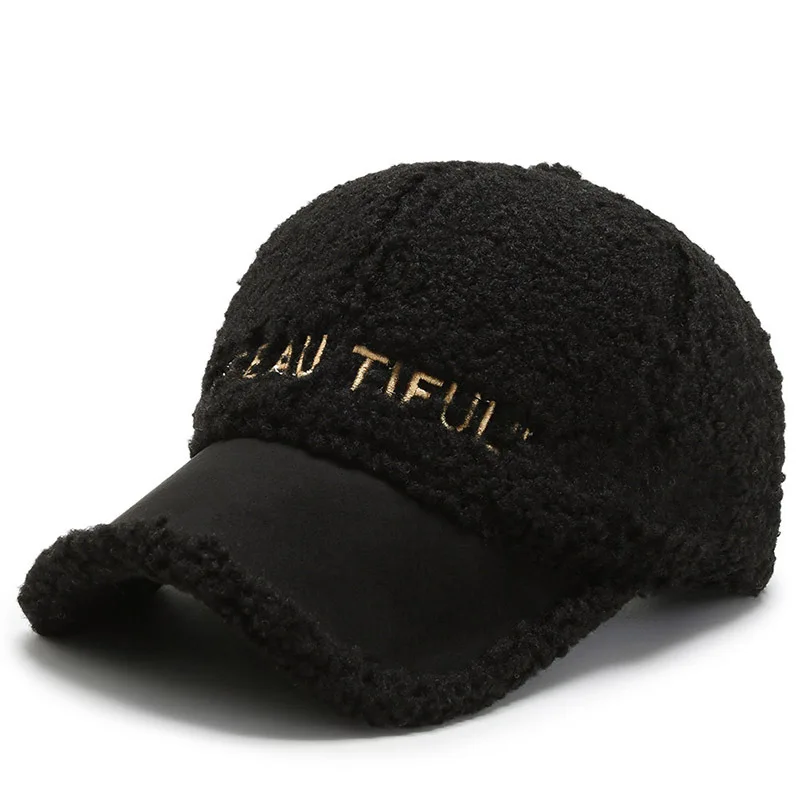 2020 New Lamb Fur Hats Female Autumn Winter Korean Version Tide Letter Warm Cap Plush Baseball Caps Winter Baseball Cap Hat