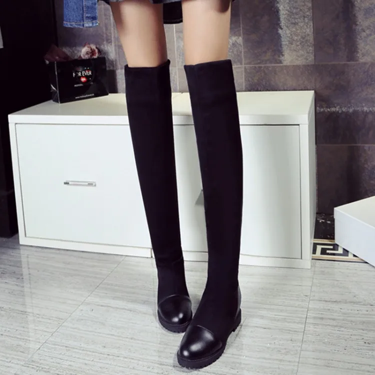 

Slim over Knee Boots Black Suede low heel warm women's boots large