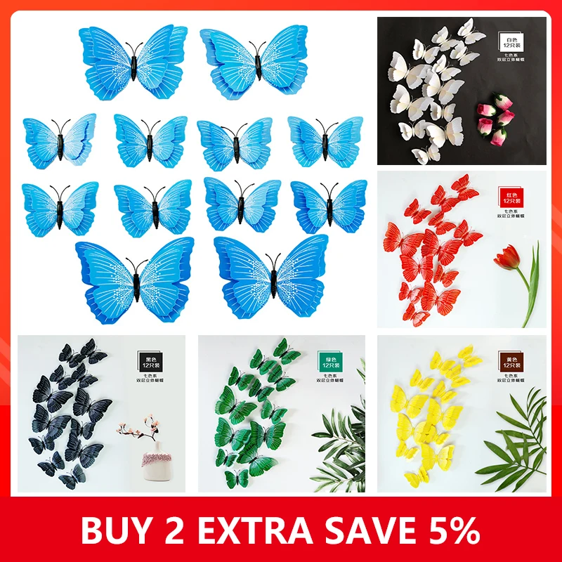 

12pcs/lot 3D Simulation Butterfly Wall Sticker 12 Colors Creative Home Background Wall Decoration Stickers PVC Wall Sticker