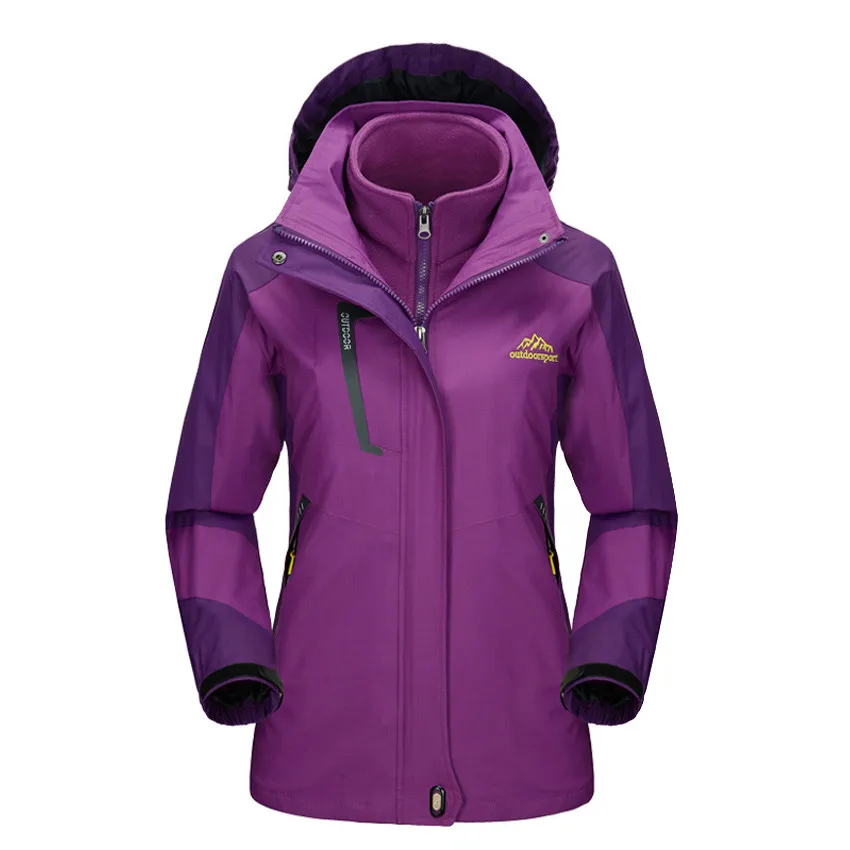 Women Purple Зимняя флисовая куртка из 2 предметов для походов и кемпинга для мужчин и женщин, водоотталкивающая теплая брендовая куртка с капюшоном VA299 - Цвет: Women Purple