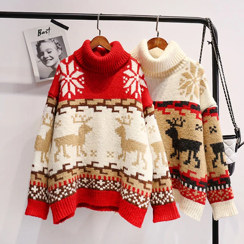 

Women Christmas Sweater Loose Turtleneck Sweater 2021 Winter Contrast Snowflake Elk Red Loose Lazy Sweater Oversized Jumper