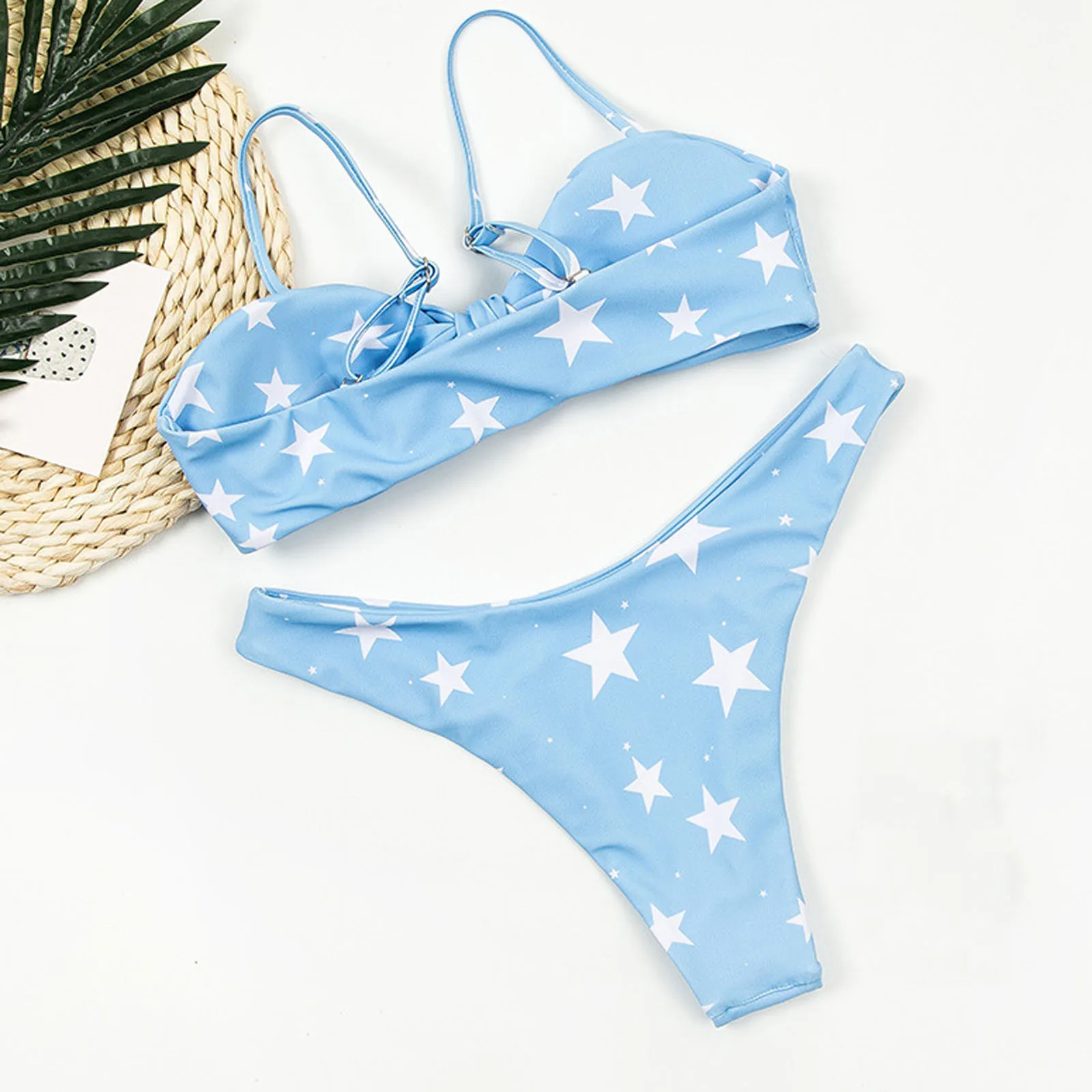 

Sexy Five-pointed Star Print Bikini Women Solid White Push Up Front Bow Swimsuit Brazilian Beach Bathing Suit Thong Swimwear