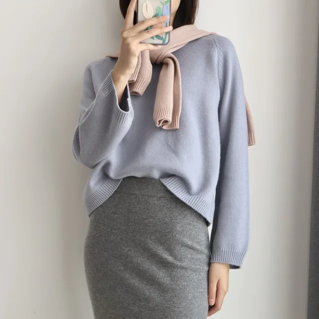 

Wool Cashmere 2020 Autumn / Winter New Women's Basic Round Neck Knitted Pullover Solid Three-color Women Kintted Pullovers