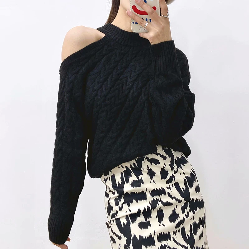 

Women's Hollow Unilateral Design Eight-Strand Knitted Sweater Long-Sleeved Pullover Chic Spring And Autumn New Style