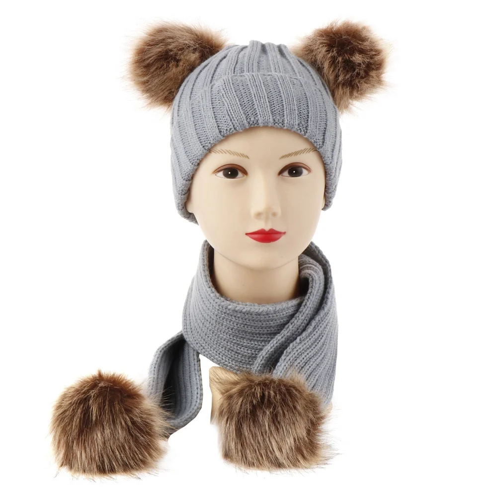 

Winter Hats Ears Girls Boys Cap+Scarf 2Pcs Kids Set Baby Keep Warm Children Knit Wool Fur Double Hat Knitted Cute Cap Scarf Set