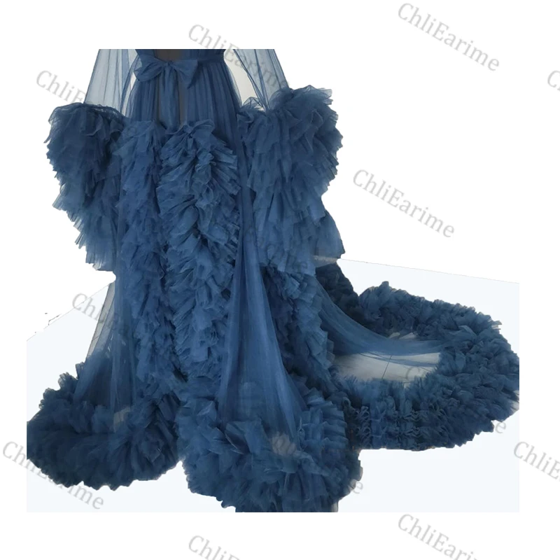 Ladies Dressing Gown Perspective Sheer Long Tulle Robe Puffy Pregnancy Photoshoot