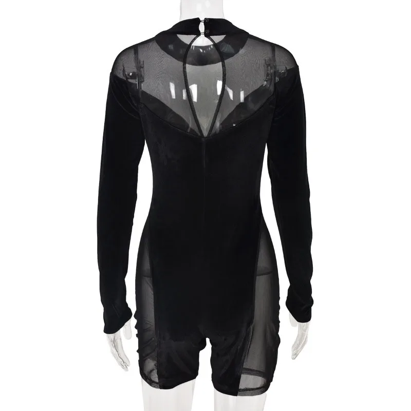 

Sexy Hollow Out Flocking Women's Jumpsuit Long Sleeve Stitching Mesh Black Burgundy Playsuit