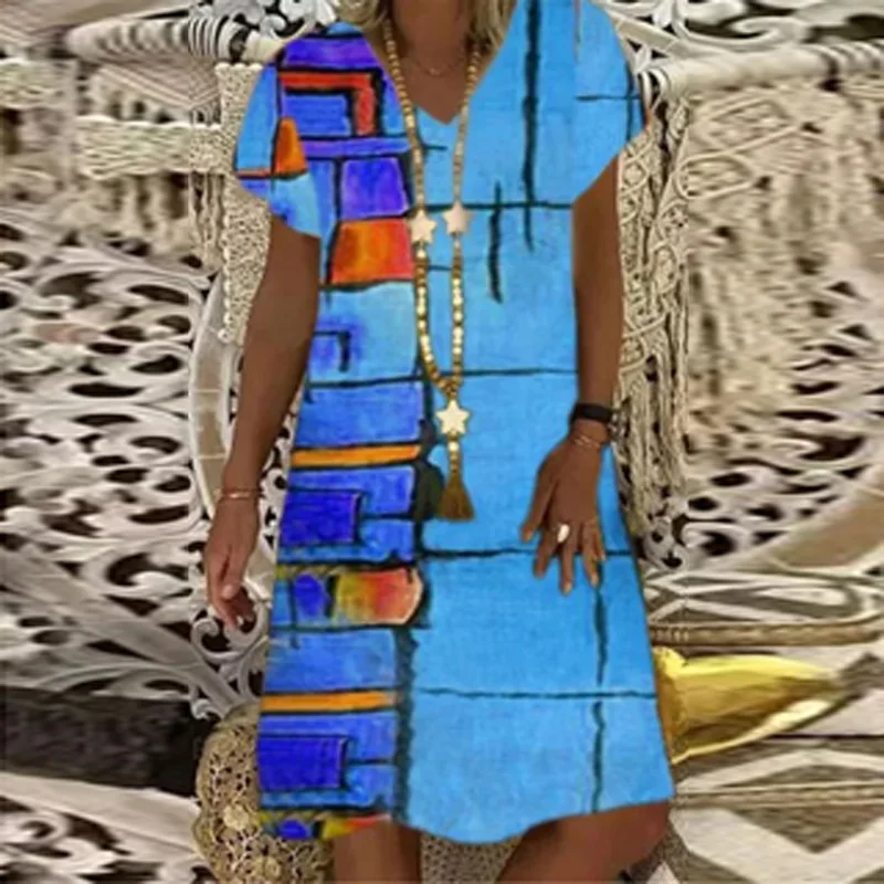 Ретро принтом V образным вырезом вечерние платье для женщин 2021 летние с коротким