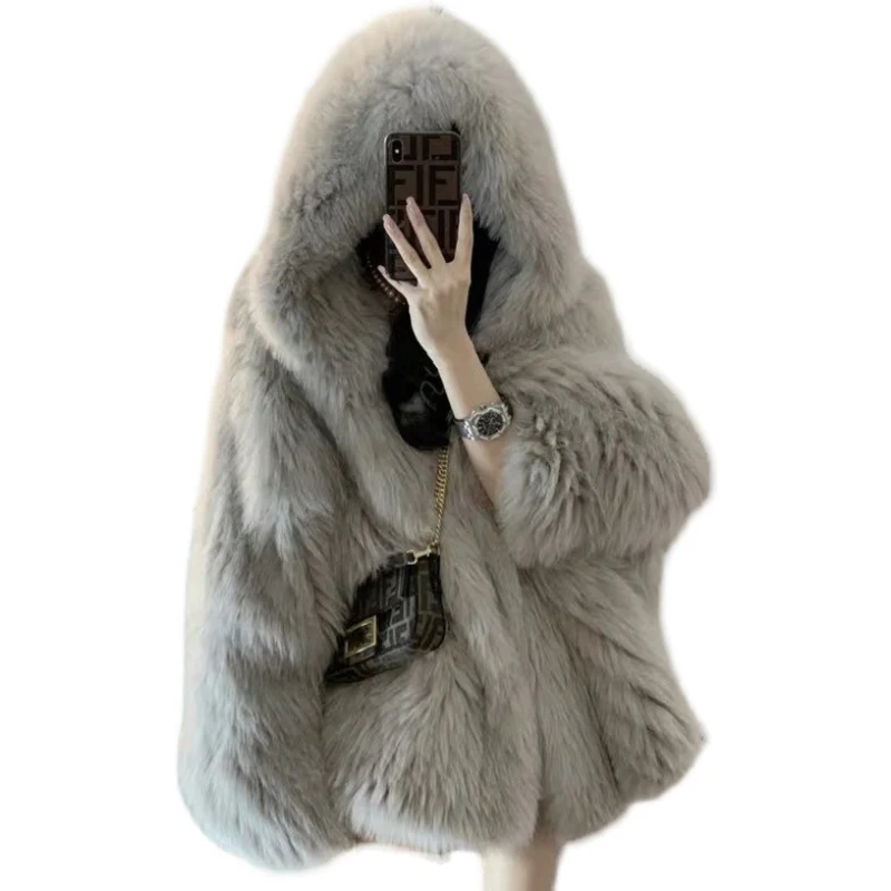 2022 Fashion Women Winter New Hooded Imitate Fox Fur Coat Female Loose Thickened Imitation Mink Warm Fur Overcoat OK1264