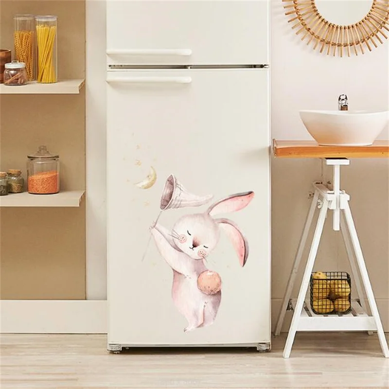 

Cartoon Bunny Catching The Moon And Stars Wall Stickers Refrigerator Wardrobe Children's Room Kindergarten Home Wall Decoration