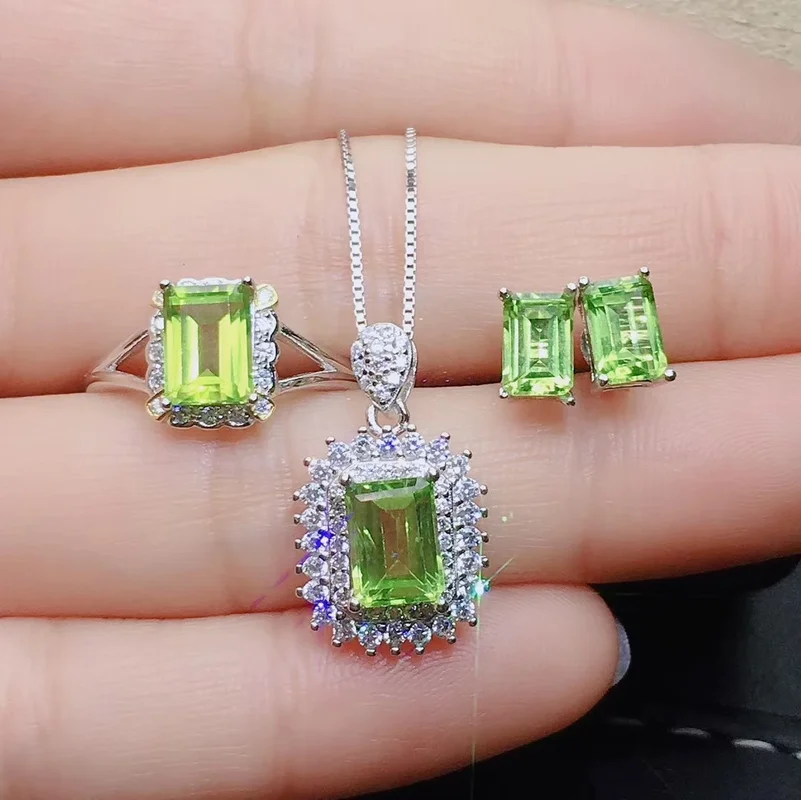 

2022 Jewelry Set Trendy Ladies Green White Cubic Zirconia Crystal Silver Color Ring Earrings Necklace for Women Accessories