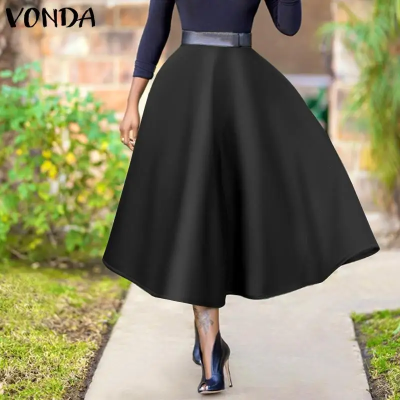 

Женские однотонные юбки 2021 VONDA, элегантные юбки до середины икры, женские повседневные трапециевидные юбки с мешковатым подолом и высокой т...