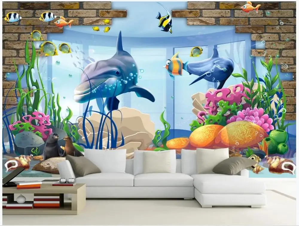 

Пользовательские фото обои 3d Настенные обои для стен 3 d кирпичная стена фантазия подводный мир 3D Дельфин фон настенная живопись