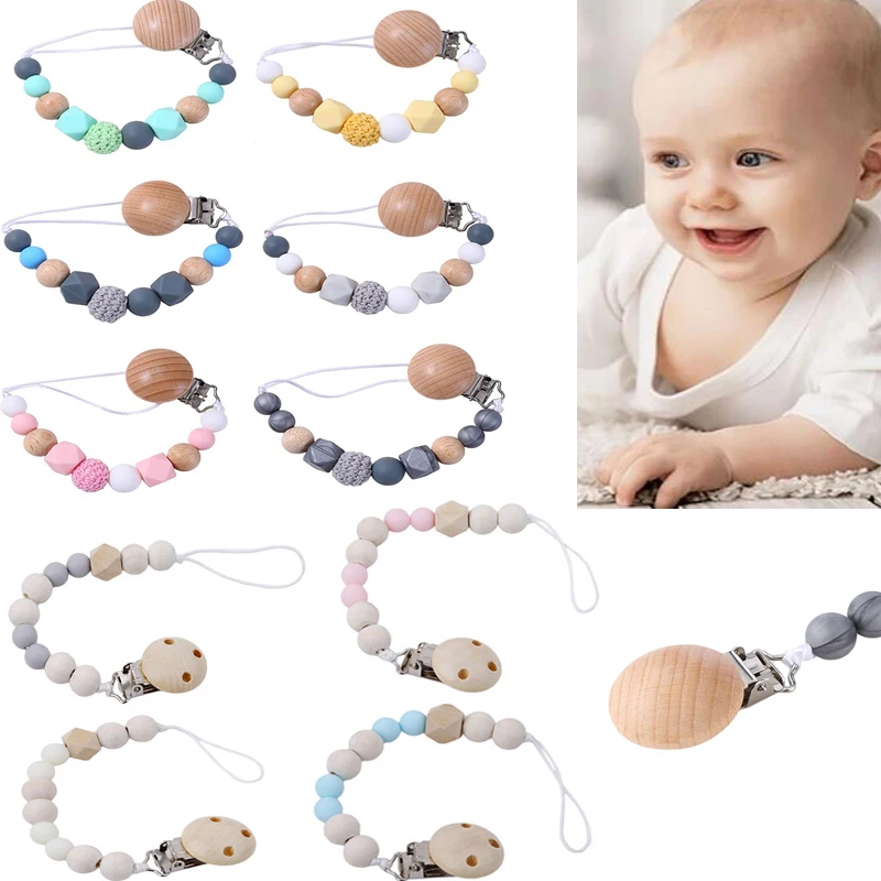 

Baby Pacifier Clips Silicone Beads Wooden Ring Pacifier Chain Infant Nipple Appease Soother Chain Clips Dummy Holder Nipple Clip