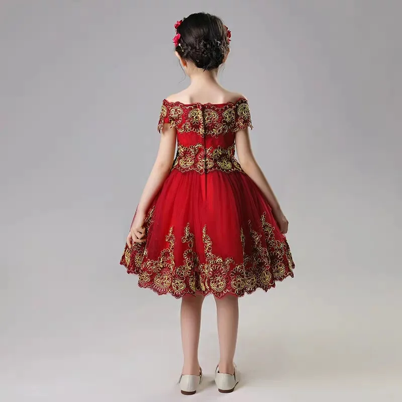 

2019Children Girls Chinese Style Elegant Shoulderless Wine-red Embroidery Flower Lace Birthday Wedding Party Princess Prom Dress