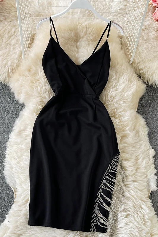

New Summer Sexy Crop V-neck Sleeveless Open Back Bodycon Sundresses Women Party OL Black MINI short Tassel Dress With Straps
