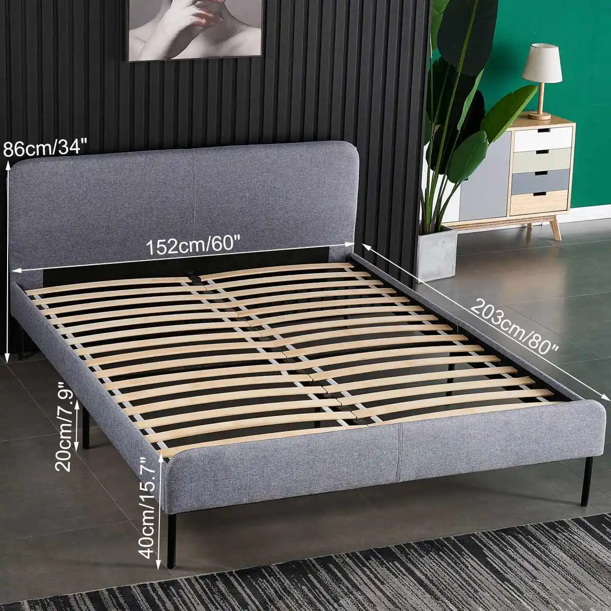 

NEW Queen Size Bed Frame Upholstered Platform Bed Panel W/ Wood Slats Bed Frame for Children Teens Adults Bedroom 80x60x34inch