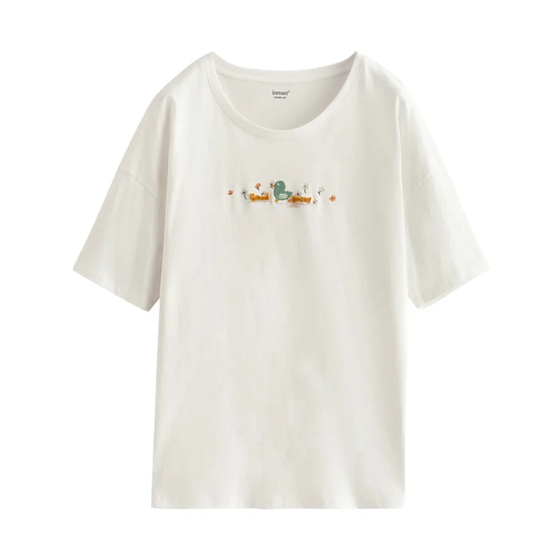 

INMAN Summer Female's T-shirt Fun Duck English Letter Embroidery Printing Flowers Round Collar Cotton Short Sleeves Causal Top