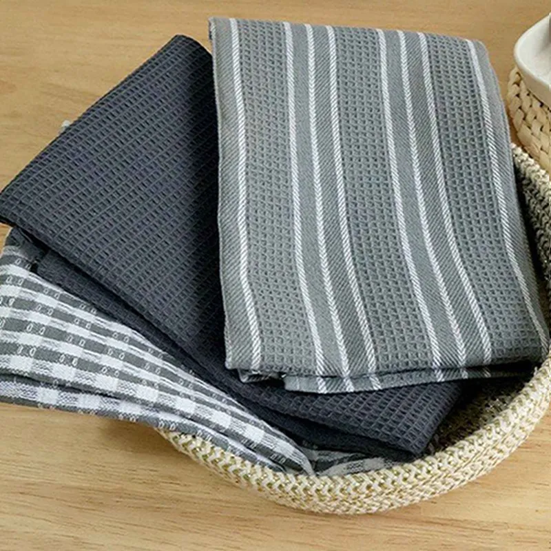 

3 sets of gray series home cloth tea towel Lattice Pattern Soft Drying Tea Towel Wipes Dish Cleaning Table Napkins Washing