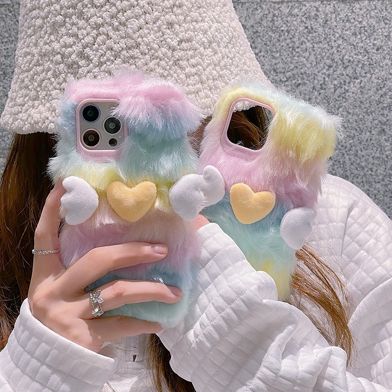

Cute Rainbow Plush Fur Case For iPhone 13 12 11 Pro Max X Xs Love Heart Fluffy Soft Cover For iPhone Winter Warm hand cover Case