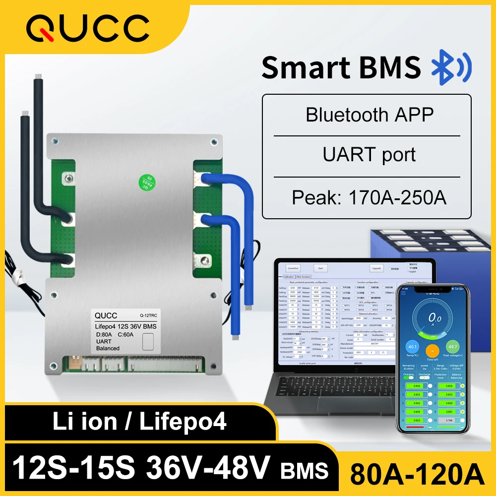 Qucc 13S 14S 15S 48V Smart BMS Lifepo4 12S 36V 80A 100A 120A Bluetooth APP UART Common Port Balance for 3.2V 3.7V Battery Pack