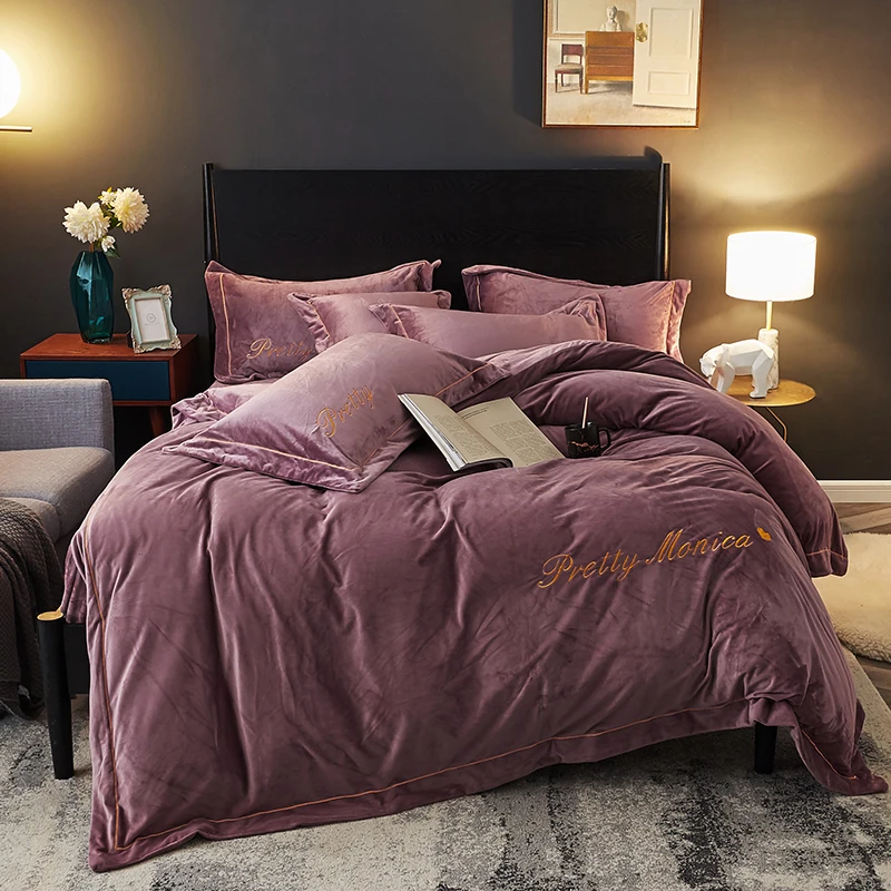 

Velvet Fleece Black Purple Bedding sets Heavyweight Warm for Winter Queen King size Embroidery Ultra Soft Duvet cover Bed sheets